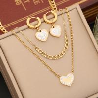 304 Stainless Steel Jewelry Set Heart gold color plated Double Layer & oval chain & for woman & with rhinestone Sold By PC