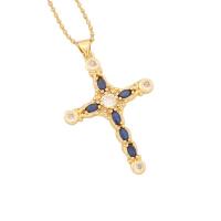 Brass Necklace, with 304 Stainless Steel Chain, with 2inch extender chain, Cross, gold color plated, micro pave cubic zirconia & for woman, more colors for choice, 50x30mm, Length:Approx 15.7 Inch, Sold By PC