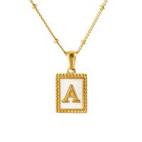 Titanium Steel Necklace with White Shell with 2inch extender chain Rectangle 18K gold plated Unisex & with letter pattern Length Approx 17.7 Inch Sold By PC