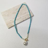 Freshwater Pearl Brass Chain Necklace, Pérolas de água doce, with Liga de cobre & turquesa, 14K cheio de ouro, joias de moda & para mulher, azul, 11-12mm, comprimento Aprox 42 cm, vendido por PC