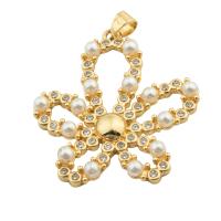 Cubic Zirconia Micro Pave Brass Pendant, with Plastic Pearl, Flower, gold color plated, fashion jewelry & DIY & micro pave cubic zirconia & for woman, golden, 33x30x4mm, Hole:Approx 3mm, Sold By PC