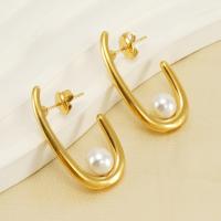 Titanium Steel  Earring with Plastic Pearl 18K gold plated fashion jewelry & for woman golden Sold By Pair