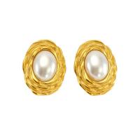 Stainless Steel Stud Earrings, 304 Stainless Steel, with Plastic Pearl, 18K gold plated, fashion jewelry & for woman, golden, 29x22mm, Sold By Pair