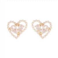 Cubic Zirconia Micro Pave Brass Earring, Copper Alloy, with Plastic Pearl, Heart, real gold plated, fashion jewelry & micro pave cubic zirconia & for woman, nickel, lead & cadmium free, 13x13mm, Sold By Pair