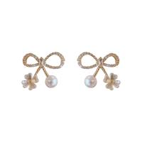 Brass Stud Earring Copper Alloy with Plastic Pearl Bowknot real gold plated fashion jewelry & micro pave cubic zirconia & for woman nickel lead & cadmium free Sold By Pair