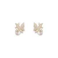 Cubic Zirconia Micro Pave Brass Earring Copper Alloy with Plastic Pearl Butterfly platinum plated fashion jewelry & micro pave cubic zirconia & for woman nickel lead & cadmium free Sold By Pair
