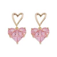 Brass Drop Earring Copper Alloy with Cubic Zirconia Heart real gold plated fashion jewelry & for woman nickel lead & cadmium free Sold By Pair