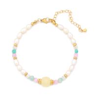 Natural Stone Bracelet with Freshwater Pearl & Brass & 304 Stainless Steel with 2inch extender chain real gold plated fashion jewelry & for woman Length Approx 7.3 Inch Sold By PC