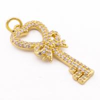 Cubic Zirconia Micro Pave Brass Pendant, Key, high quality gold color plated, DIY & micro pave cubic zirconia, nickel, lead & cadmium free, 39x15x4mm, Hole:Approx 4mm, Approx 30PCs/Lot, Sold By Lot
