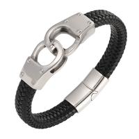 PU Leather Cord Bracelets with 316L Stainless Steel Handcuffs punk style & for man black Sold By PC