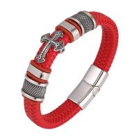 Bracelets cordon PU, cuir PU, avec acier inoxydable 316L, croix, longueur différente pour le choix & pour homme, rouge, Vendu par PC