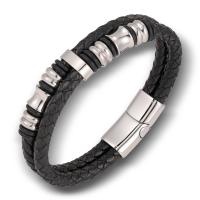 Bracelets cordon PU, cuir PU, avec acier inoxydable 316L, Double couche & longueur différente pour le choix & pour homme, noire, Vendu par PC