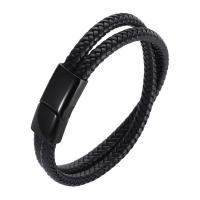 PU Leather Cord Bracelets, with 316L Stainless Steel, Vacuum Ion Plating, Double Layer & for man, more colors for choice, Length:21 cm, Sold By PC