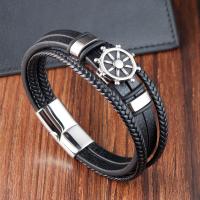 PU Leather Cord Bracelets with 304 Stainless Steel Ship Wheel vintage & for man black Length 21 cm Sold By PC