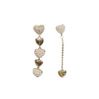 Cubic Zirconia Micro Pave Brass Earring, Copper Alloy, with Plastic Pearl, Heart, real gold plated, fashion jewelry & micro pave cubic zirconia & for woman, nickel, lead & cadmium free, 39x8mm, Sold By Pair