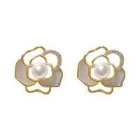 Cubic Zirconia Micro Pave Brass Earring, Copper Alloy, with Plastic Pearl, Flower, real gold plated, fashion jewelry & micro pave cubic zirconia & for woman & enamel, nickel, lead & cadmium free, 15x15mm, Sold By Pair