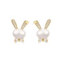 Cubic Zirconia Micro Pave Brass Earring, Copper Alloy, with Plastic Pearl, Rabbit, real gold plated, fashion jewelry & micro pave cubic zirconia & for woman, nickel, lead & cadmium free, 15x10mm, Sold By Pair