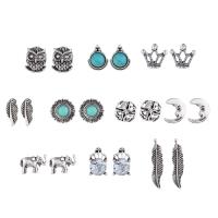 Tibetan Style Stud Earring, with turquoise, silver color plated, 10 pieces & fashion jewelry & for woman & with rhinestone, nickel, lead & cadmium free, Sold By Set