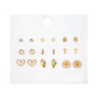 Zinc Alloy Stud Earring gold color plated 9 pieces & fashion jewelry & for woman & enamel & with rhinestone multi-colored Sold By Set