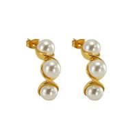 Stainless Steel Stud Earrings, 304 Stainless Steel, with Plastic Pearl, 18K gold plated, fashion jewelry & for woman, golden, 9x26mm, Sold By Pair