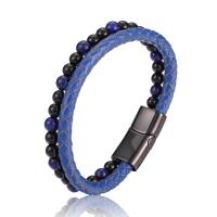 PU Leather Cord Bracelets, with Lapis Lazuli & Tiger Eye & 316L Stainless Steel, Vacuum Ion Plating, different length for choice & for man, more colors for choice, Sold By PC