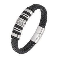 Bracelets cordon PU, cuir PU, avec acier inoxydable 316L, longueur différente pour le choix & pour homme, noire, Vendu par PC