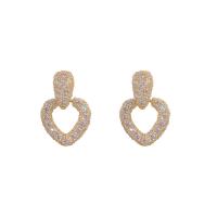 Cubic Zirconia Micro Pave Brass Earring, Heart, real gold plated, fashion jewelry & micro pave cubic zirconia & for woman, nickel, lead & cadmium free, 15x24mm, Sold By Pair