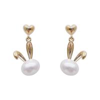 Brass Drop Earring Copper Alloy with Plastic Pearl Rabbit real gold plated fashion jewelry & for woman white nickel lead & cadmium free Sold By Pair