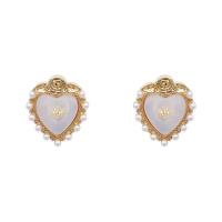 Brass Stud Earring Copper Alloy with Cubic Zirconia & Plastic Pearl Heart real gold plated fashion jewelry & for woman mixed colors nickel lead & cadmium free Sold By Pair