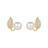 Cubic Zirconia Micro Pave Brass Earring Copper Alloy with Plastic Pearl Leaf real gold plated fashion jewelry & micro pave cubic zirconia & for woman nickel lead & cadmium free Sold By Pair