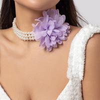 Fashion Choker Necklace Plastic Pearl with Chiffon with 7CM extender chain Flower plated fashion jewelry & for woman nickel lead & cadmium free Length Approx 30 cm Sold By PC