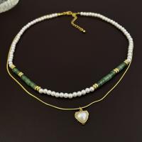 Multi Layer Necklace Brass with Jade & Plastic Pearl real gold plated Double Layer & fashion jewelry & for woman nickel lead & cadmium free Length Approx 43.6 cm Sold By PC