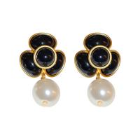 Brass Stud Earring, with Plastic Pearl, fashion jewelry & for woman, black, nickel, lead & cadmium free, 43x26mm, Sold By Pair