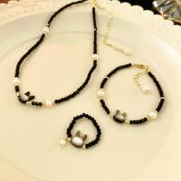 Brass Jewelry Set, with Freshwater Pearl & Crystal, fashion jewelry & for woman, black, nickel, lead & cadmium free, Length:Approx 42.5 cm, Approx 18 cm, Sold By PC