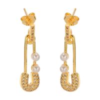 Cubic Zirconia Micro Pave Brass Earring with Plastic Pearl Safety Pin gold color plated fashion jewelry & micro pave cubic zirconia & for woman nickel lead & cadmium free Sold By Pair