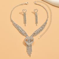 Rhinestone Jewelry Sets with brass claw chain with 15cm extender chain Heart silver color plated 2 pieces & fashion jewelry & for woman clear Length Approx 28 cm Sold By Set
