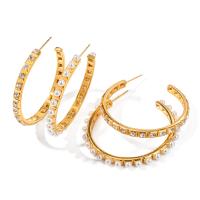 Edelstahl Ohrringe, 304 Edelstahl, mit Kunststoff Perlen, 18K vergoldet, verschiedene Stile für Wahl & für Frau & mit Strass, goldfarben, verkauft von Paar