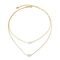 Stainless Steel Jewelry Necklace 304 Stainless Steel with Freshwater Pearl with 2.17inch extender chain 18K gold plated Double Layer & fashion jewelry & for woman golden Sold Per Approx 15.55 Inch Approx 18.31 Inch Strand
