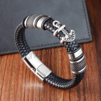 PU Leather Cord Bracelets, with 304 Stainless Steel, Anchor, polished, vintage & for man, black, Length:21 cm, Sold By PC