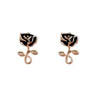Cubic Zirconia Micro Pave Brass Earring, Copper Alloy, Rose, real gold plated, fashion jewelry & micro pave cubic zirconia & for woman & enamel, black, nickel, lead & cadmium free, 15x10mm, Sold By Pair