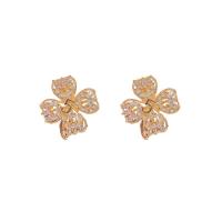 Cubic Zirconia Micro Pave Brass Earring, Four Leaf Clover, gold color plated, fashion jewelry & micro pave cubic zirconia & for woman, nickel, lead & cadmium free, 18x20mm, Sold By Pair