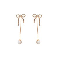 Cubic Zirconia Micro Pave Brass Earring, with Plastic Pearl, Bowknot, plated, fashion jewelry & micro pave cubic zirconia & for woman, nickel, lead & cadmium free, 17x54mm, Sold By Pair