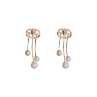 Cubic Zirconia Micro Pave Brass Earring, with Plastic Pearl, gold color plated, fashion jewelry & micro pave cubic zirconia & for woman, nickel, lead & cadmium free, 11x37mm, Sold By Pair