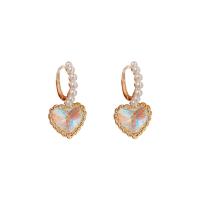 Cubic Zirconia Micro Pave Brass Earring with Crystal & Plastic Pearl Heart gold color plated fashion jewelry & for woman & enamel nickel lead & cadmium free Sold By Pair