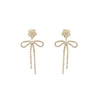 Cubic Zirconia Micro Pave Brass Earring with Plastic Pearl Bowknot gold color plated fashion jewelry & micro pave cubic zirconia & for woman nickel lead & cadmium free Sold By Pair