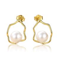 925 Sterling Silver Stud Earrings with Freshwater Pearl Geometrical Pattern polished for woman Sold By Pair