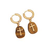 304 Stainless Steel Huggie Hoop Drop Earring, with Gemstone, Cross, gold color plated, different materials for choice & for woman, 30x10mm, Sold By Pair