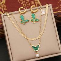 304 Stainless Steel Jewelry Set with Resin & Plastic Pearl Butterfly gold color plated oval chain & for woman Sold By PC