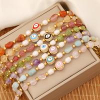 Gemstone Bracelet, with Plastic Pearl & 304 Stainless Steel, with 2inch extender chain, Evil Eye, gold color plated, different materials for choice & for woman & enamel & with rhinestone, Length:Approx 7 Inch, Sold By PC