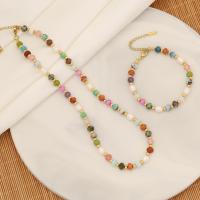 Φυσική πέτρα Κοσμήματα Set, με Πλαστικά Μαργαριτάρι & 304 από ανοξείδωτο χάλυβα, χρώμα επίχρυσο, διαφορετικά στυλ για την επιλογή & για τη γυναίκα, Sold Με PC